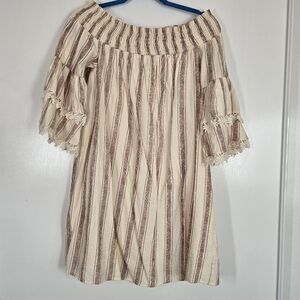 Altar'd State Smocked Neckline‎ Off Shoulder Bell Sleeve Creme Stripped Dress